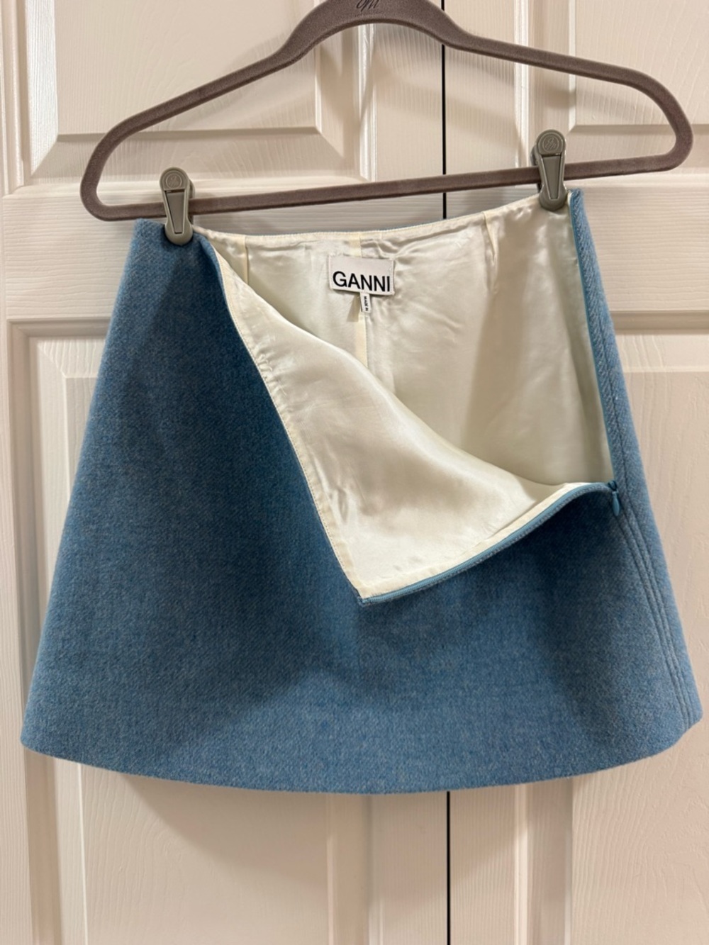 Ganni Blue Wool Blend Mini Skirt EU 34 US 2 A-Line Quiet Luxury Minimalist - Picture 5 of 14